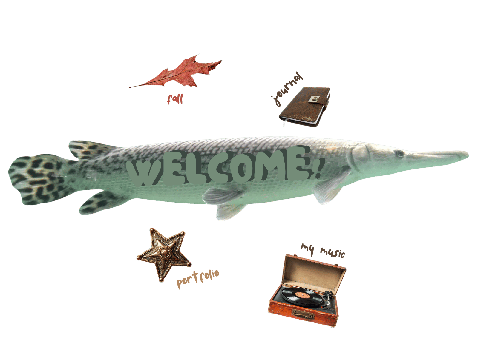 skinny alligator gar under shiny lighting with a leaf, notebook, star, and record player floating around it